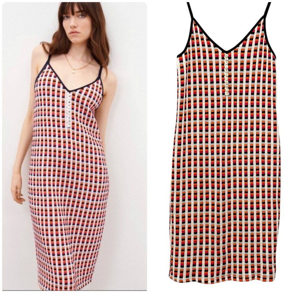 Zara Red Blue White Knit Window Pane Pattern Midi Slip Sleeveless Dress S Retro